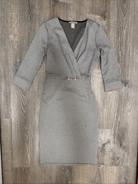 Houndstooth Wrap-Effect Sheath Dress - Black & White